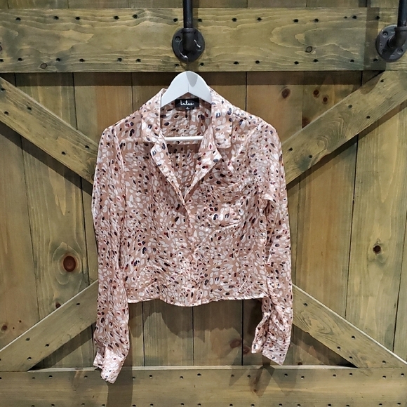 Lulus Tops - Lulus Sheer Cropped Pink Patterned Women's Top All Over Print Long Sleeve Button